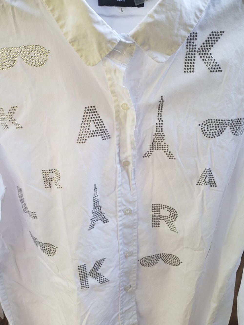 EUC KARL LAGERFELD PARIS cotton oversize whimsy sequin classic bright white (L)